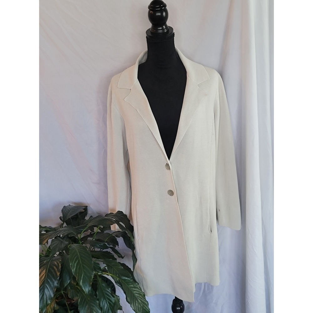 Eileen Fisher Cream Longline Knit Blazer Jacket Womens Large Off White Cardigan